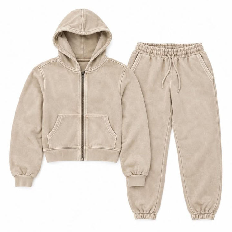 Picture of LFX821 GIRLS/LADIES  WASHED ZIP UP HOODIE AND JOGGERS SET